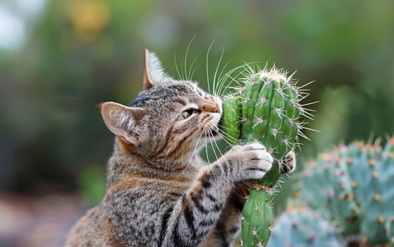 A tabby cat wraps its paws around a cactus, playfully biting it against a bokeh garden backdrop