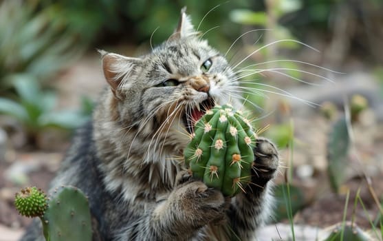 A fierce grey tabby cat aggressively chews on a small cactus in a natural garden setting, displaying wild instincts