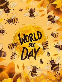 A whimsical and colorful illustration celebrating World Bee Day, featuring a variety of honeybees surrounded by a lush floral arrangement and playful typographic elements
