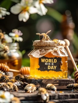 A honey jar with a 'World Bee Day' label stands amidst a flurry of bees and blooming flowers