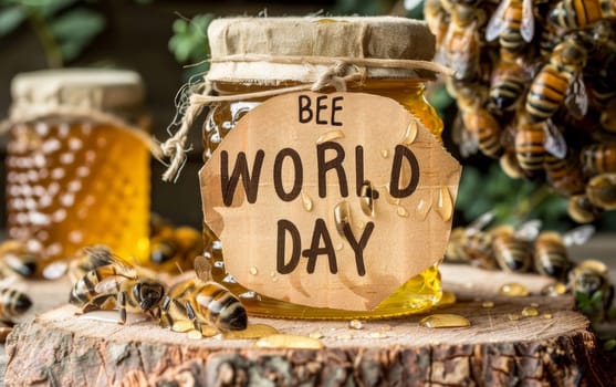 A rustic honey jar adorned with a handmade 'Bee World Day' label, surrounded by buzzing bees and dripping honey, highlighting the importance of these vital pollinators