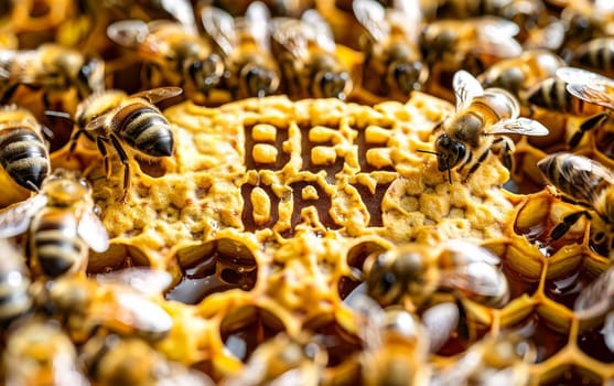 A close-up view of an active colony of honey bees swarming around a honeycomb structure, revealing the intricate patterns and the 'Bee Day' text written in the center