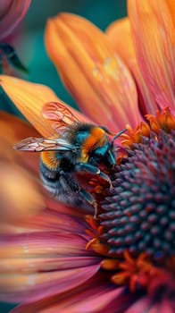 A close-up of a vibrant honeybee perched amidst a riot of colorful flower petals, showcasing the insect's intricate details and the natural beauty of its environment