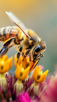An incredibly detailed and mesmerizing close-up image of a honeybee navigating the intricate petals and structures of a vibrant flower blossom