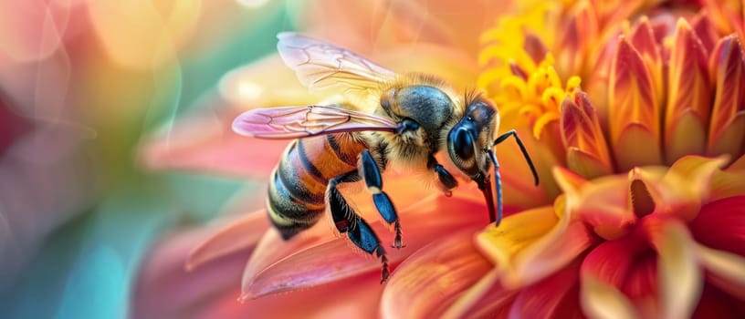 A honeybee clings to the petal of a dahlia, with a luminous bokeh that echoes the warmth of a sunlit garden