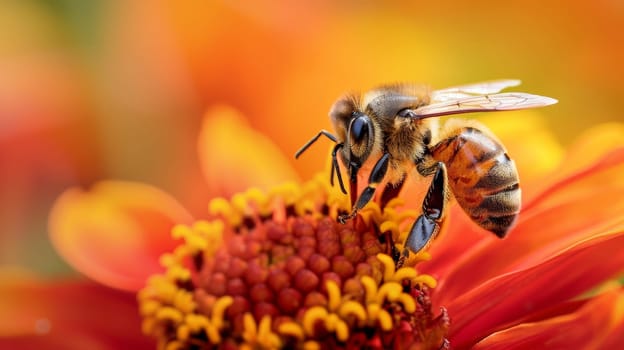 An up-close image capturing the diligent work of a honeybee as it collects pollen and nectar from the lush, radiant petals of an orange dahlia flower, showcasing the intricate relationship