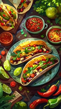 Artistic display of delectable tacos surrounded by an assortment of fresh vegetables and zesty limes on a dark wooden surface