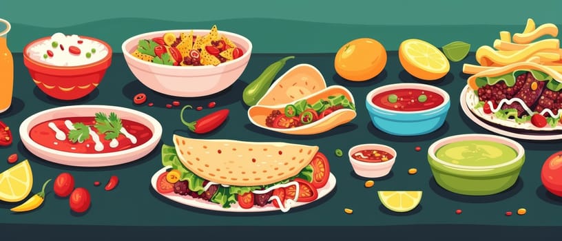 An abundant spread of classic Mexican dishes, including tacos, nachos, salsas, and citrus-infused accompaniments, creating a vibrant and mouth-watering feast