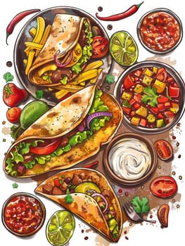 An enticing spread of mouthwatering Mexican dishes, featuring spicy tacos, creamy salsas, tangy lime wedges, and vibrant vegetables, creating a tempting culinary experience
