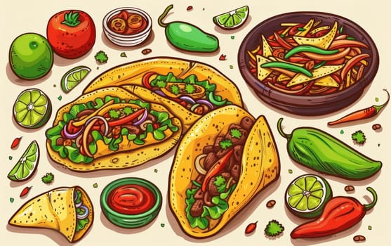 Artistic rendition of tasty tacos filled with vibrant veggies, accompanied by salsa and a zesty lime, celebrating fresh flavors