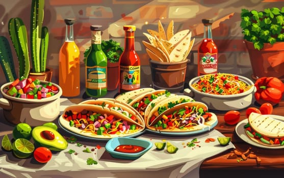 A colorful and mouthwatering display of traditional Mexican dishes and ingredients, including tacos, nachos, salsas, and refreshing beverages, set against a lively backdrop