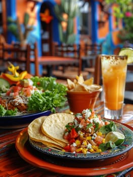Mouth-watering Mexican tacos filled with spicy shredded meat, fresh vegetables, and aromatic herbs, served on a rustic wooden board