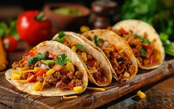 An assortment of freshly prepared tacos, bursting with a combination of spiced ground meat, colorful veggies, and garnishes on a rustic wooden board