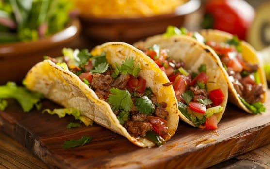 An artful display of tempting taco creations, featuring bold flavors of seasoned ground meat, fresh produce, and garnishes on a wooden serving platter