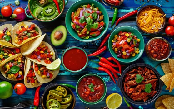 A vibrant spread of various Mexican dishes, including tacos, salsa, guacamole, beans, peppers, and other colorful ingredients, creating an appetizing and authentic culinary display