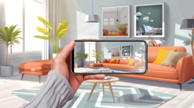 Hand holding a smartphone displaying a virtual 3D model of a stylish living room with a bright orange couch and modern decor