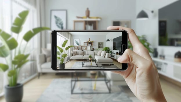 A hand holding a smartphone captures the interior of a chic and contemporary living room, showcasing a stylish sofa, minimalist decor, and natural greenery accents