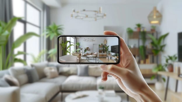 A modern, well-appointed living room interior captured through a smartphone screen, showcasing lush greenery, contemporary furnishings and lighting fixtures