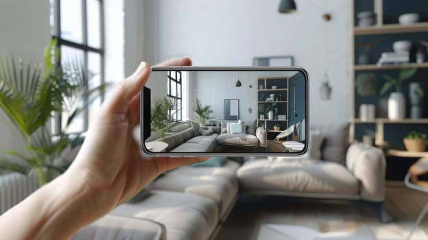 A modern, stylish living room with plush couches, shelving units, and natural light streaming through large windows, captured through the screen of a smartphone held in a person's hand
