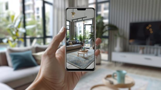 AR technology on a smartphone overlays a cozy and well-decorated living space onto the reality of a bright modern room