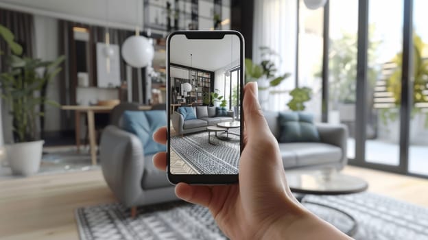 A smartphone reveals a monochrome-themed living room with a splash of teal through augmented reality, merging the virtual and real