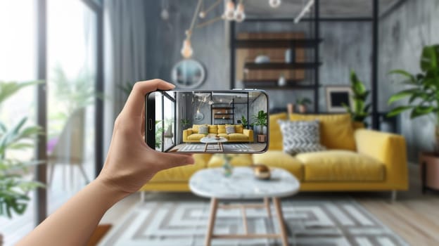 A user's smartphone displays an AR concept of a chic urban living space featuring a vibrant yellow sofa and modern aesthetics