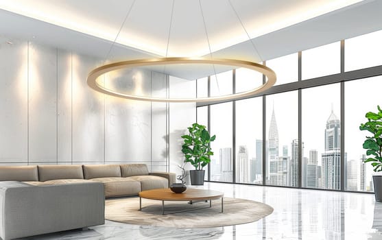 A chic and modern corporate lounge with a stunning skyline view of a bustling city. The space features a large circular light fixture, plush gray sofa, and a wooden coffee table on a patterned rug
