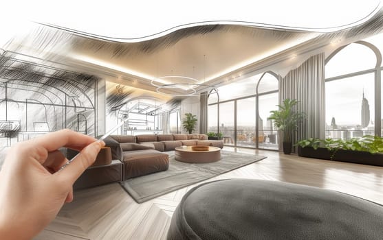 Hand sketching merges with a realistic urban loft design, blending drafts and a complete living room in augmented reality