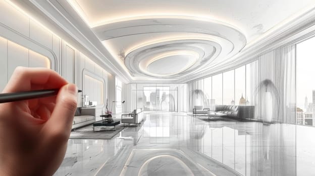 A person's hand drafts the luxurious details of a modern hall, with the sketch blending into the finished, polished interior