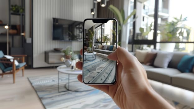 Augmented reality showcases a transition from a sketched to a fully designed interior in a stylish apartment living room