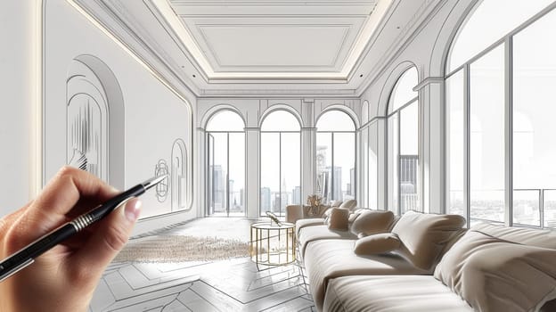 A designer crafts an elegant and spacious living area, where pencil sketches blend into a sunlit, sophisticated interior