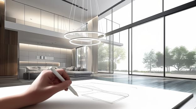 Design Rendition of Modern Living Space. A digital rendering showcases a luxurious, contemporary living space with floor-to-ceiling windows overlooking a serene natural landscape