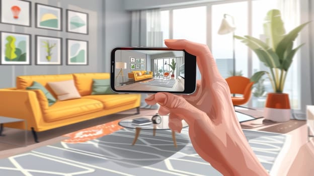 A hand holding a smartphone captures an image of a modern, colorful living room interior, showcasing the potential of virtual home viewing and design exploration