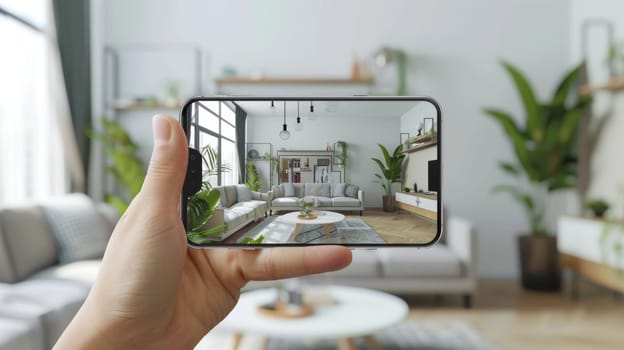 A hand holding a smartphone captures an image of a bright, airy living room filled with lush greenery, modern furniture, and minimalist decor, showcasing the potential of virtual home staging