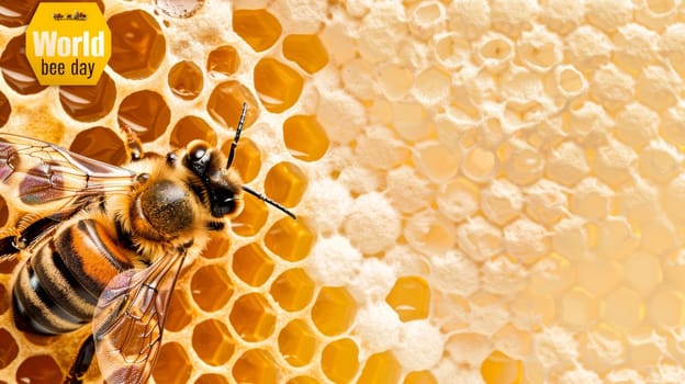 Close up view of a bee sitting on a honeycomb, collecting nectar and pollen.