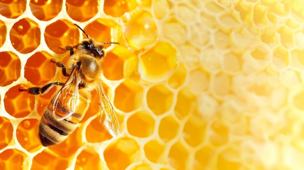 Close up of a bee extracting nectar from a honeycomb.