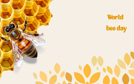A bee perched on a honeycomb, surrounded by hexagonal cells filled with golden honey.