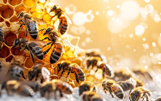 A cluster of bees swarming around a honeycomb, busily collecting nectar and creating honey in their hive.