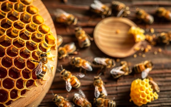Artisanal honey harvest portrayed with honeybees on honeycomb against a rustic wood backdrop