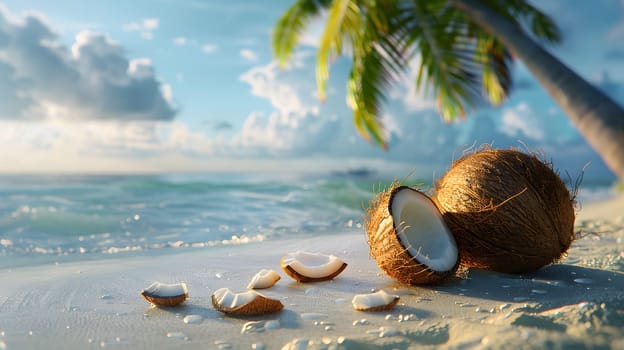 Two coconuts rest on the sandy beach beneath a palm tree, surrounded by the blue sky, fluffy clouds, and the tranquil waters of the ocean