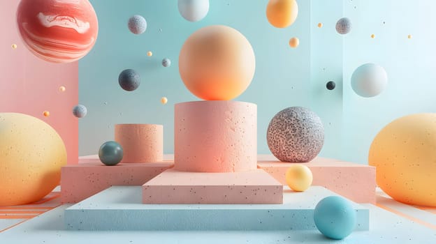 Colorful azure, orange plastic balls float in the circular room, creating an artful pattern. The sweetness of peach fills the air, blending science and toylike simplicity