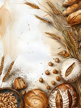 A variety of bread made from wheat is displayed on the table, showcasing different types and grains from the grass family