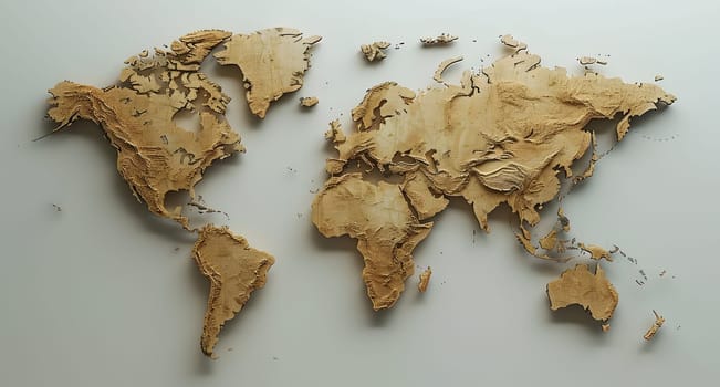 A wooden map of the world is displayed on a white surface, showcasing different regions known for their unique cuisine and staple foods made from various ingredients and plants
