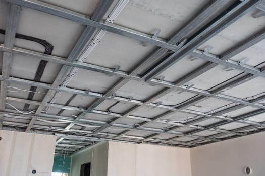 structure of ceiling suspension, installation of gypsum plasterboard and light. High quality photo