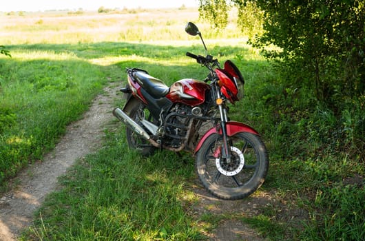 A red motorcycle parked on a grassy path, showcasing a blend of nature and machine
