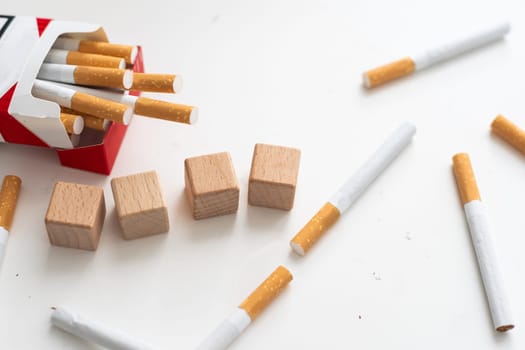 Cigarette, tobacco in roll paper with filter tube, No smoking concept. High quality photo