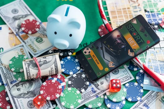 poker chips and money, piggy bank. Concept of gambling savings. High quality photo