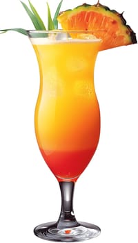 A vibrant cocktail made with a mix of red Russian and orange soft drink, garnished with a pineapple slice on top, served in a glass drinkware