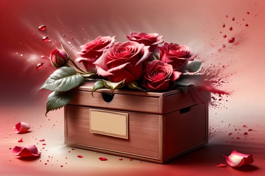 box with beautiful red roses .
