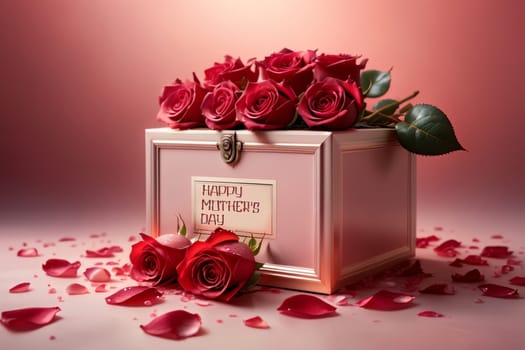 box with beautiful red roses .